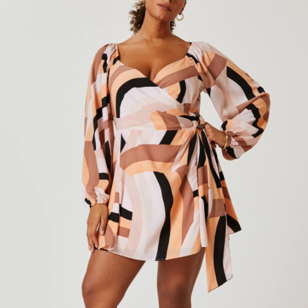 HUTCH - Anthropologie Geo Tie Waist Mod Geometric Tan Wrap Mini Party Dress - 3X
